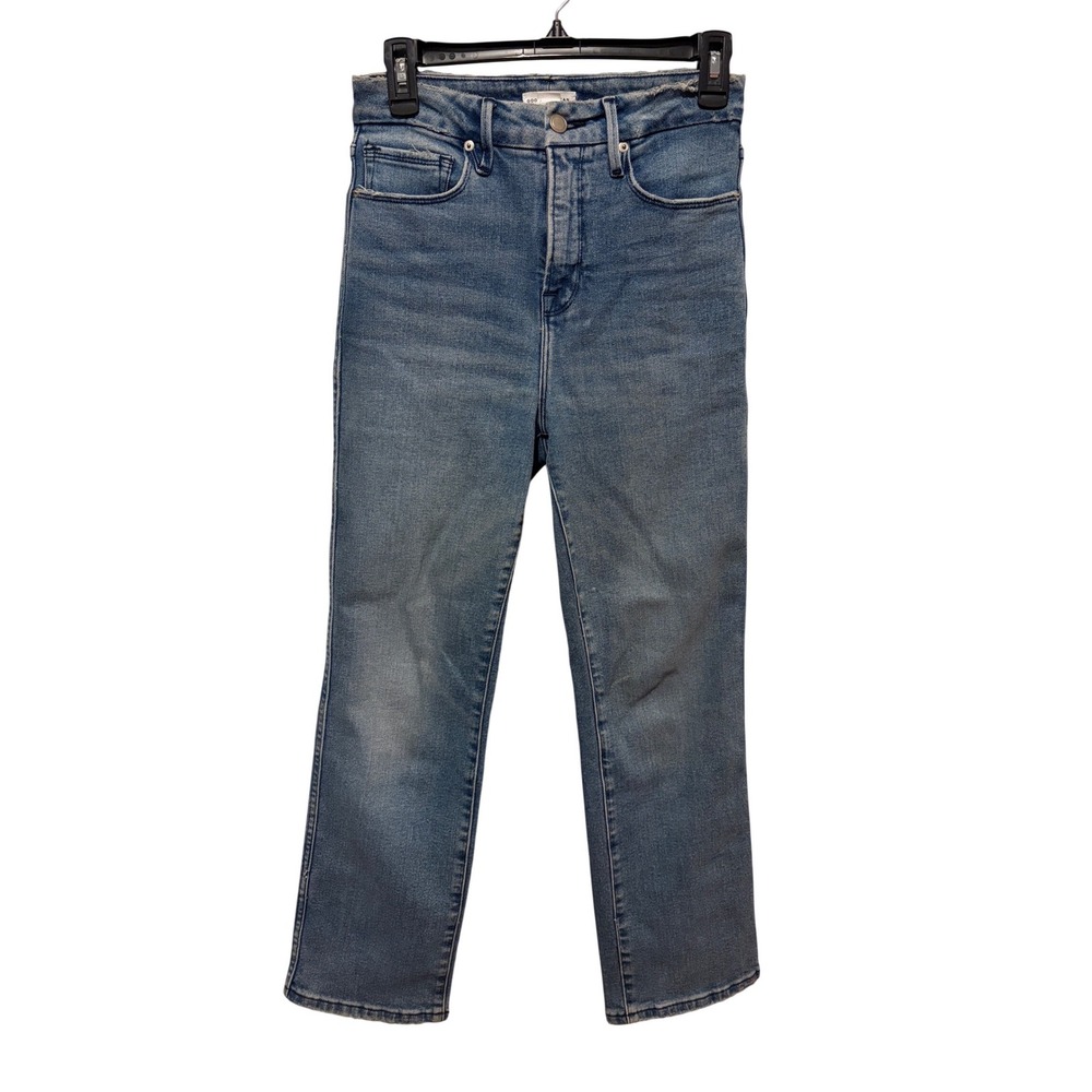 Good American Good Straight Jeans Blue Raw Hem High Rise 2/26 GCSNF602T